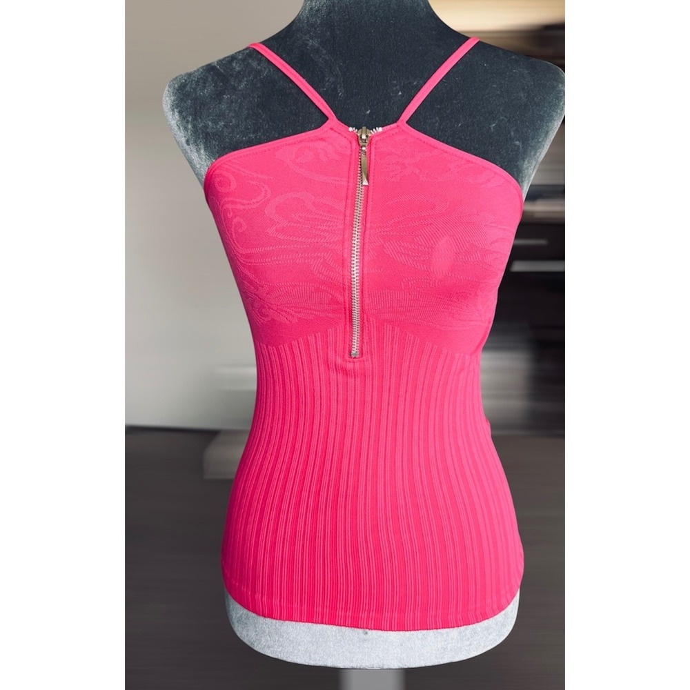 F&F Fuchsia Ribbed Floral Half Zip Camisole Tank Top Slim Fit